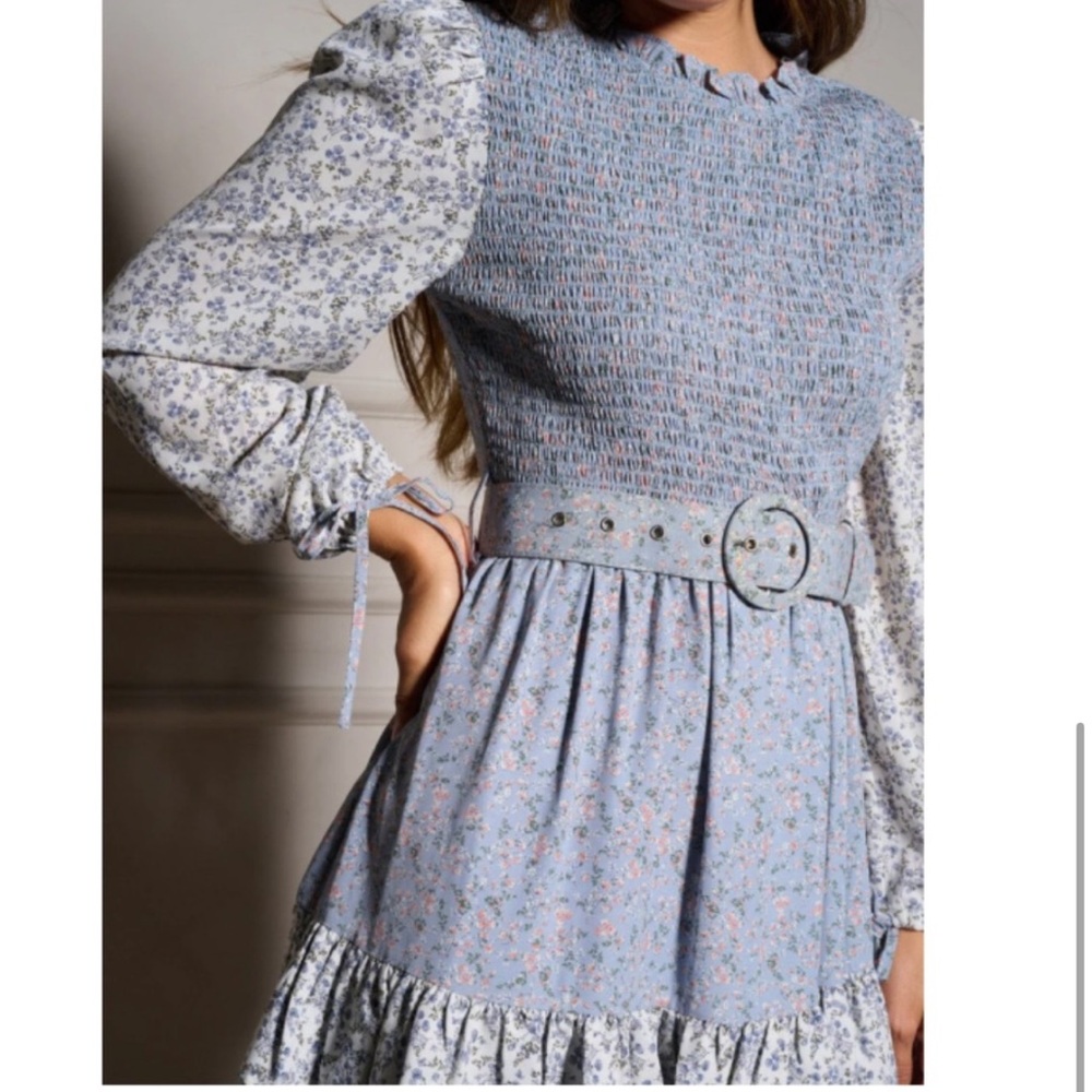 "The Luna" Blue Long Sleeve Belted Smocked Floral Mini Dress - Picture 4 of 4